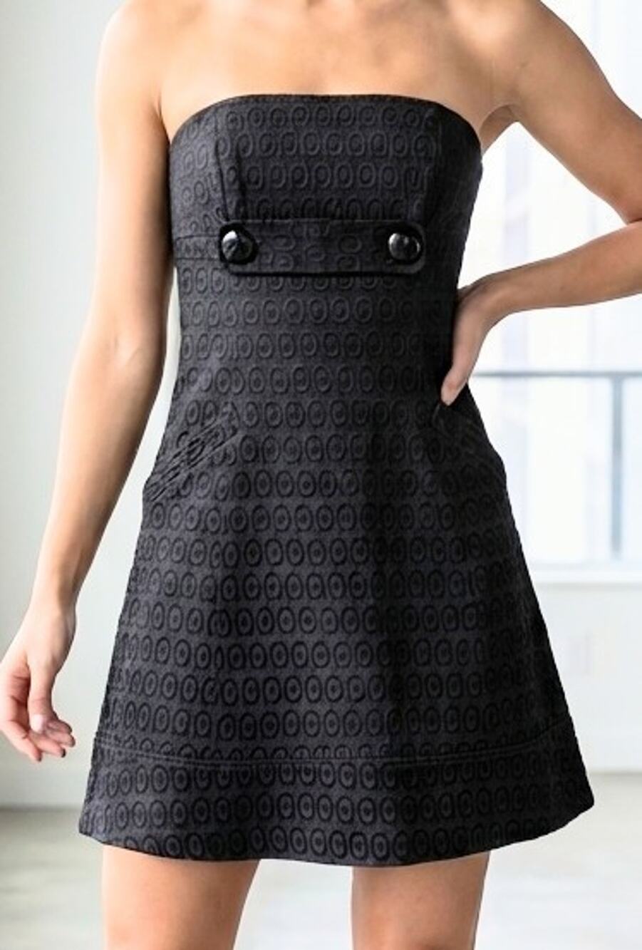 Black Jacquard Strapless Mini Dress Buttons Pockets Mod Retro Cocktail Size XS